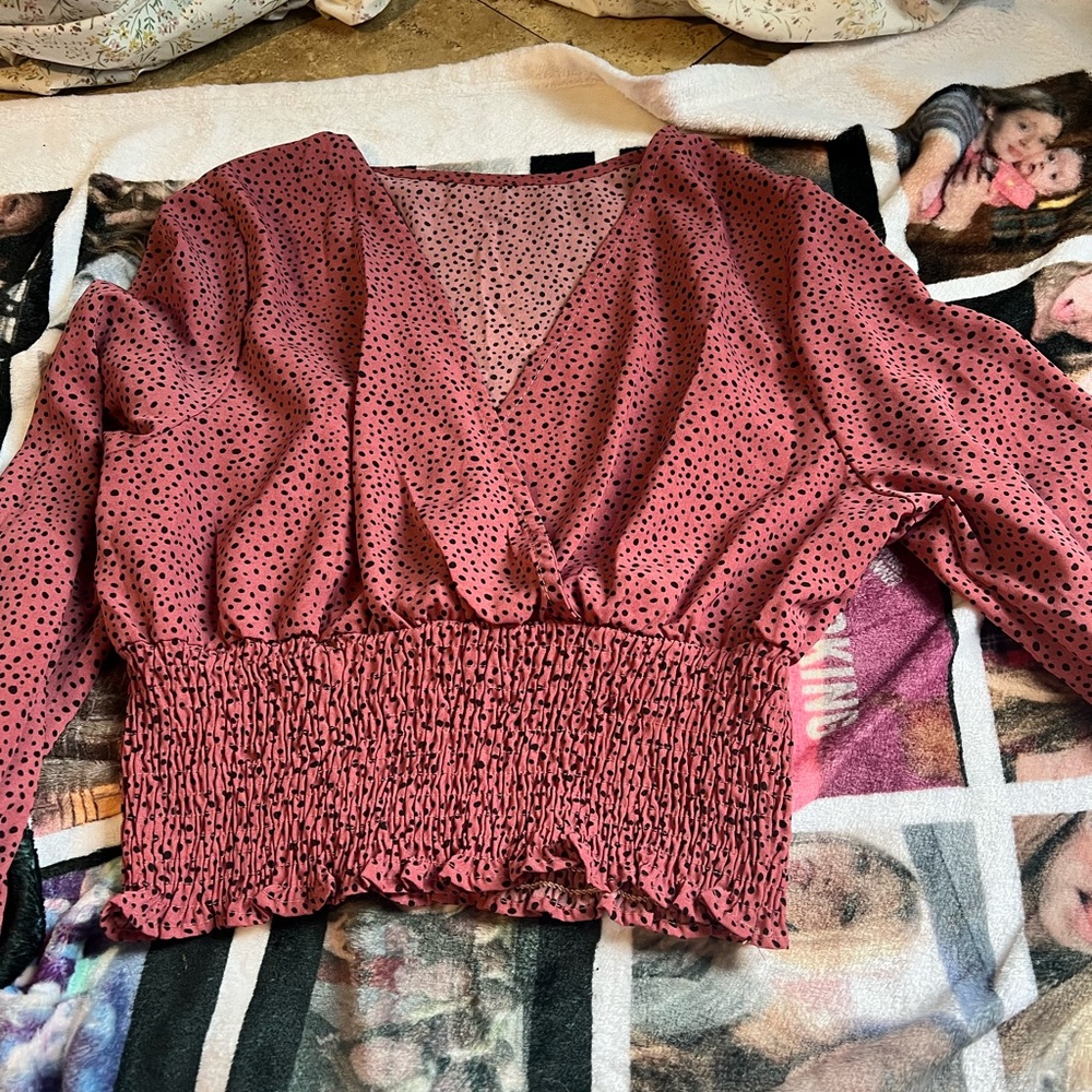 SHEIN Red Smocked Ruffled 3/4 Sleeve Blouse